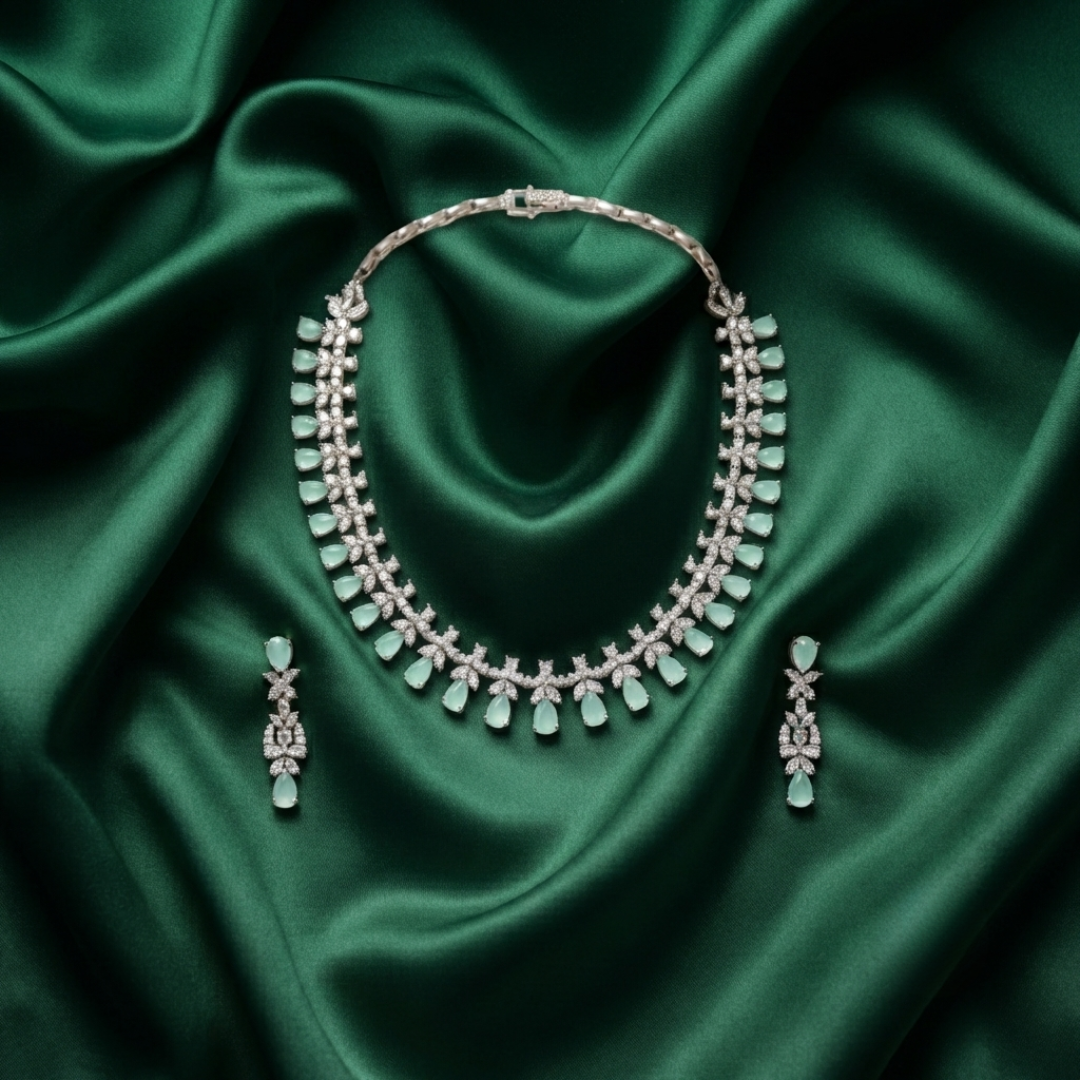 Mint Jade Diamond Cluster CZ Necklace Set