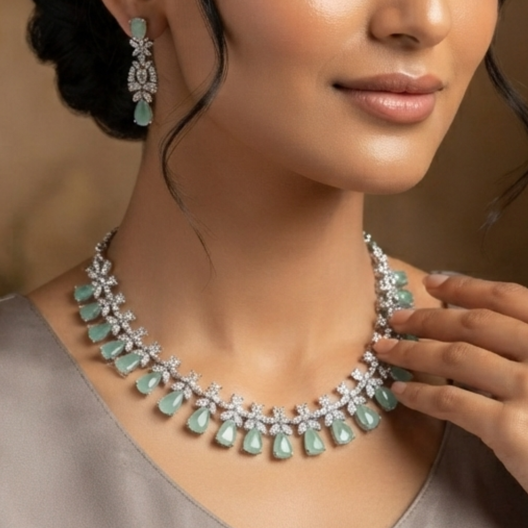 Mint Jade Diamond Cluster CZ Necklace Set