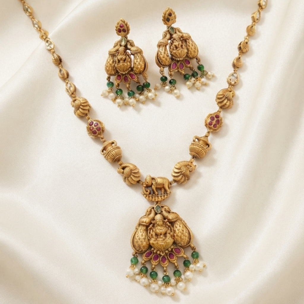 Lakshmi Nakshi Lotus Temple Necklace Set