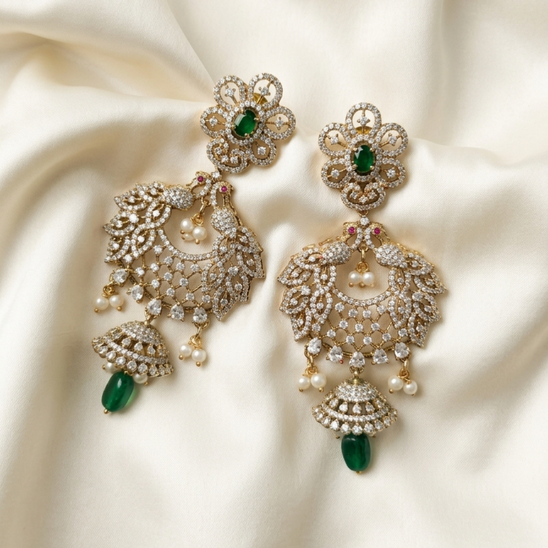 Emerald Peacock Jhumka Chandbali Earrings