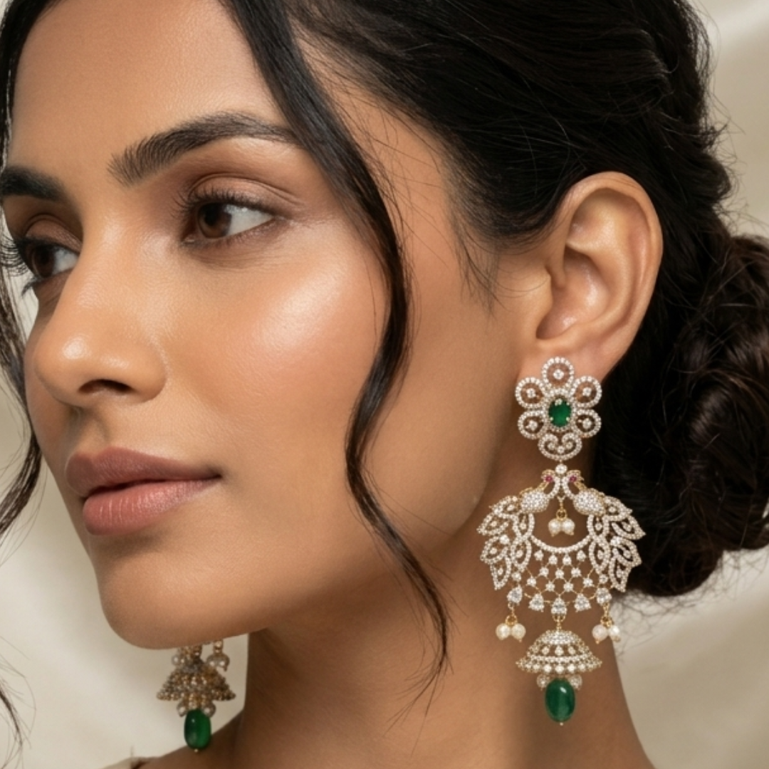 Emerald Peacock Jhumka Chandbali Earrings