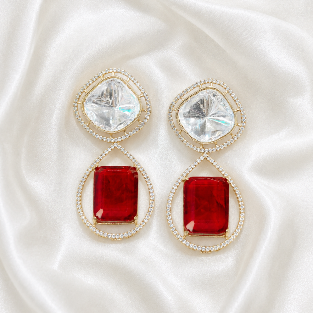 Polki Crystal & Ruby Emerald-Cut Drop Earrings