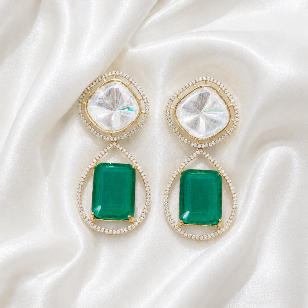 Polki Crystal & Emerald Emerald-Cut Drop Earrings